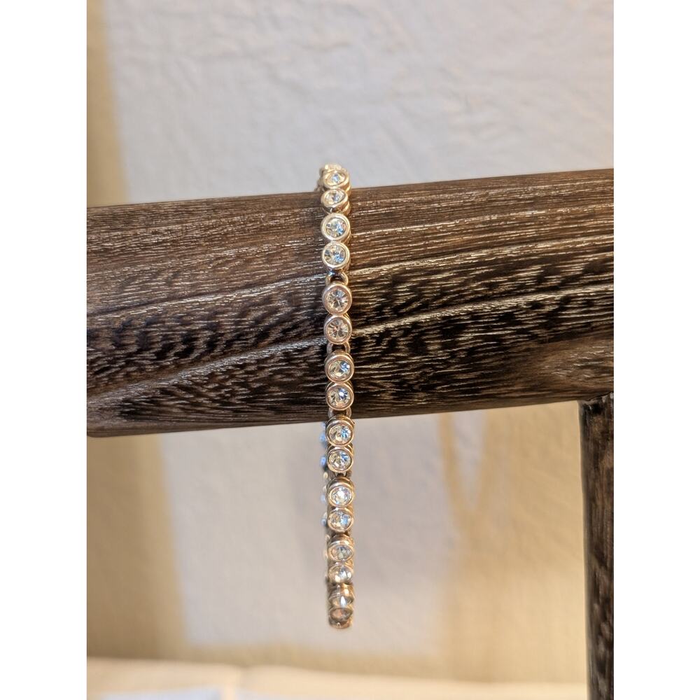 Vintage Bezel Set Silver Tone CZ Tennis Bracelet W/ Fold Over Clasp